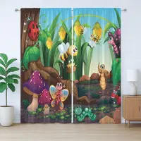 Abakuhaus Rustiek dierengordijn, vlinder en bij in exotisch design, slaapkamergordijn met plooiband, lussen en haken, 280 x 260 cm, groen, geel, bruin