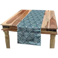 Abakuhaus damast tafelloper – blauw-witte bloemen – 40×300 cm