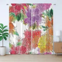Abakuhaus Rustiek bloemengordijn, abstracte kleurrijke bloemen, met lussen en haken voor de woonkamer, 280 x 225 cm, violet, rood, oranje