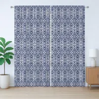 Abakuhaus Oriëntaals rustiek gordijn, traditioneel ikat-geïnspireerd, met lussen en haken, 280 x 245 cm, nachtblauw licht eierschaal