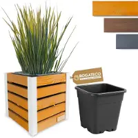BOGATECO Houten Bloembak | Plantenbak | Bloempot 37 x 36 x 36 cm | Kruidenpot voor Thuis Tuin Balkon Terras | Pot met Kunststof Inzetstuk | Geïmpregneerd | Lichtbruin