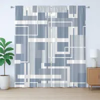 Abakuhaus Geometrisch rustiek gordijn, futuristische strepen, slaapkamergordijn met plooien, lussen en haken, 280 x 245 cm, Cadetblauw wit grijs