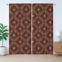 Abakuhaus Rustiek Herfstgordijn, Abstracte Cirkels en Bloemen, met Bandjes en Lussen voor de Woonkamer, 280 x 245 cm, Goudsbloem Scharlakenrood