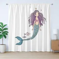 Abakuhaus Rustiek kindergordijn, cartoon zeemeerminprinses, slaapkamergordijn met plooiband, lussen en haken, 280 x 245 cm, violetblauw en beige