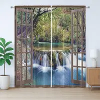 Abakuhaus Rustiek Gordijn met Watervalmotief, Diep in het Bos, Gordijn met Plooiing met Lussen en Haken, 280 x 245 cm, Taupegroenblauw