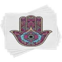 Abakuhaus Hamsa placematten – Gekritzel-Zentangle-kunst – bohemische vintage bloemenwervel – Het Alziende Oog, tafeldecoratie van kleurvaste stof voor de eetkamer en de keuken, Magenta, Perzik, Aqua