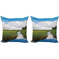 Abakuhaus Landschap Kussenhoes – 2x40x40 cm – Microvezel – Groen/Wit/Blauw