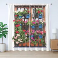 Abakuhaus Pelargonium rustiek gordijn, bloempotten op oude ramen, slaapkamergordijn met lussen en haken, 280 x 260 cm, bruin blauw groen
