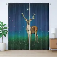 Abakuhaus Rustiek Hertengordijn, Dier met Bloemen en Gewei, met Bandjes, Lussen en Haken , 280 x 225 cm, Nachtblauw, Smaragdgroen en Gember