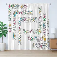 Abakuhaus Iers rustiek gordijn, Gaelisch ornamentpatroon, met lussen en haken voor de woonkamer, 280 x 260 cm, wit, groen, geel