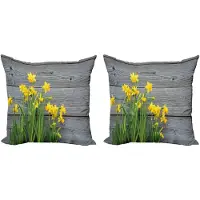 Abakuhaus Set van 2 gele bloemenkussenslopen, narcissenboeket, 40 cm, geelgrijs