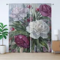 Abakuhaus Olieverfschilderij Rustiek Gordijn, Boeket Pioenrozen Kunst, Gordijn met Plooiing, Lussen en Haken, 280 x 175 cm, Varen Groen Meerkleurig