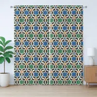 Abakuhaus Marokkaans rustiek gordijn, zeshoekige sterren, met lussen en haken voor de woonkamer, 280 x 225 cm, groen, blauw, zwart