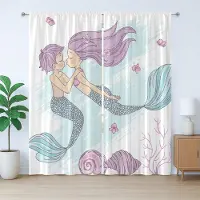 Abakuhaus Zeemeermin Rustieke Gordijnen, Onderwater Set, met Bandjes voor de Woonkamer met Lussen en Haken, 280 x 260 cm, Paars Babyblauw