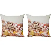Abakuhaus Decoratieve kussenhoes met oceaanmotief, 2 stuks, stapel schelpen op het strand, 40x40 cm, kokoscrème oranje