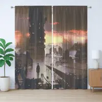 Abakuhaus Fantasy Rustiek Gordijn, Sci-Fi Lege Stadsrobot, met Bandjes voor de Woonkamer met Lussen en Haken, 280 x 225 cm, Donker Taupe Zalmkleur
