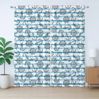 Abakuhaus Maritiem Rustiek Gordijn, Anker Stuurwiel Kunst, met Bandjes voor de Woonkamer met Lusjes en Haken, 280 x 225 cm, Wit en Donkerblauw