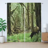 Abakuhaus Rustiek gordijn met bosmotief, Roosevelt-eland in het park, met lussen en haken voor de woonkamer, 280 x 260 cm, groenbruin