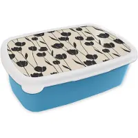 MuchoWow Broodtrommel Blauw - Lunchbox Tulpen - Patroon - Zwart - Brooddoos 18x12x6 cm - Brood lunch box - Broodtrommels voor kinderen en volwassenen