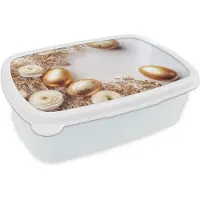 MuchoWow Broodtrommel Wit - Lunchbox Rozen - Eieren - Droogbloemen - Goud - Brooddoos 18x12x6 cm - Brood lunch box - Broodtrommels voor kinderen en volwassenen