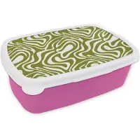 MuchoWow Broodtrommel Roze - Lunchbox Lijnpatroon - Groen - Organisch - Brooddoos 18x12x6 cm - Brood lunch box - Broodtrommels voor kinderen en volwassenen
