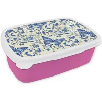 MuchoWow Broodtrommel Roze - Lunchbox Vlinders - Bloemen - Blauw - Botanisch - Brooddoos 18x12x6 cm - Brood lunch box - Broodtrommels voor kinderen en volwassenen