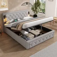 Sweiko Tweepersoons gestoffeerd bed 160*200cm, met nachtlampje en USB-poort, hydraulisch opbergbed, houten lattenbodem, linnen, grijs