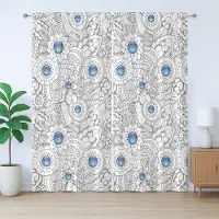 Abakuhaus Rustiek bloemengordijn, bloemen met blauwe stippen, met lussen en haken voor de woonkamer, 280 x 175 cm, zwart wit blauw