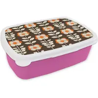MuchoWow Broodtrommel Roze - Lunchbox Bloemen - Retro - Bruin - Brooddoos 18x12x6 cm - Brood lunch box - Broodtrommels voor kinderen en volwassenen