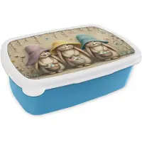 MuchoWow Broodtrommel Blauw - Lunchbox Konijntjes - Bloemen - Eieren - Hoeden - Brooddoos 18x12x6 cm - Brood lunch box - Broodtrommels voor kinderen en volwassenen
