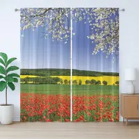 Abakuhaus Kleurrijk rustiek gordijn, klaprozenveldlandschap, slaapkamergordijn met geplooide band, lussen en haken, 280 x 175 cm, rood groen geel
