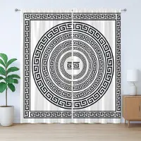 Abakuhaus Grieks sleutelmotief, rustiek gordijn, antiek frame, universele gordijnen met lussen en haken voor de woonkamer, 280 x 225 cm, wit zwart