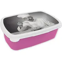MuchoWow Broodtrommel Roze - Lunchbox Chef - Spaghetti - Pasta - Brooddoos 18x12x6 cm - Brood lunch box - Broodtrommels voor kinderen en volwassenen