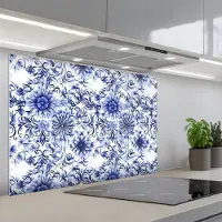 KitchenYeah Spatscherm 90x60 cm - Zelfklevende achterwand Bloemen - Blauw - Patroon - Wit - Keuken muurbeschermer - Spatwand fornuis