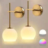 ROSNEK Oplaadbare Wandlamp Binnen Goud - Draadloos - 12 RGB & 3CCT Dimbaar - met Melkwitte Matglazen Kap & Afstandsbediening & Timer - voor Slaapkamer - Woonkamer - Set van 2