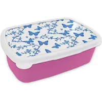 MuchoWow Broodtrommel Roze - Lunchbox Vlinder - Bloemen - Blauw - Brooddoos 18x12x6 cm - Brood lunch box - Broodtrommels voor kinderen en volwassenen