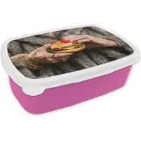 MuchoWow Broodtrommel Roze - Lunchbox Vrouw - Hamburger - Bontjas - Brooddoos 18x12x6 cm - Brood lunch box - Broodtrommels voor kinderen en volwassenen