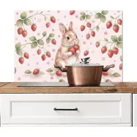 KitchenYeah Spatscherm keuken 90x60 cm - Kookplaat achterwand Konijntje - Aardbeien - Roze - Rood - Muurbeschermer - Spatwand fornuis - Hoogwaardig aluminium