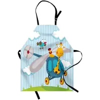 Abakuhaus Kleuter-keukenschort, grappige giraf en vogel op een helikopter, pluizige wolken- en grasavontuurreis, kleurvast, in hoogte verstelbaar, wasbaar, heldere digitale druk, Geel-Groen-Blauw