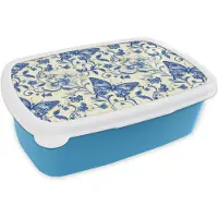 MuchoWow Broodtrommel Blauw - Lunchbox Vlinders - Bloemen - Blauw - Botanisch - Brooddoos 18x12x6 cm - Brood lunch box - Broodtrommels voor kinderen en volwassenen
