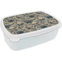 MuchoWow Broodtrommel Wit - Lunchbox Pauw - Bloemen - Blauw - Brooddoos 18x12x6 cm - Brood lunch box - Broodtrommels voor kinderen en volwassenen