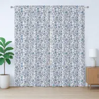 Abakuhaus Rustiek gordijn met bloemenmotief, bloeiende blauwe klokjes, met lussen en haken voor de woonkamer, 280 x 225 cm, turquoise en donkerblauw