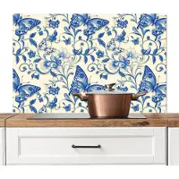 KitchenYeah Spatscherm keuken 100x65 cm - Kookplaat achterwand Vlinders - Bloemen - Blauw - Botanisch - Muurbeschermer - Spatwand fornuis - Hoogwaardig aluminium