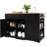 Merax Keukeneiland op Wielen met Stopcontacten en Uitklapbaar Blad - Keukenkast met 2 Lades en 6 Vakken - Zwart met Houtkleurig Blad - 151,5 x 59,7/84,7 x 91,7 cm