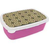 MuchoWow Broodtrommel Roze - Lunchbox Ornament - Patroon - Groen - Brooddoos 18x12x6 cm - Brood lunch box - Broodtrommels voor kinderen en volwassenen