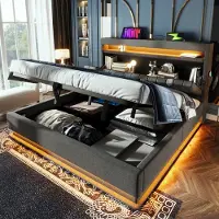 Sweiko Gestoffeerd bed - 140 x 200 cm - LED-verlichting - Opbergruimte - USB/Type-C - Tweepersoonsbed - Linnen - Grijs