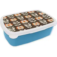 MuchoWow Broodtrommel Blauw - Lunchbox Bloemen - Retro - Bruin - Brooddoos 18x12x6 cm - Brood lunch box - Broodtrommels voor kinderen en volwassenen