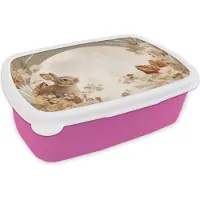MuchoWow Broodtrommel Roze - Lunchbox Konijn - Bruin - Bloemen - Cirkel - Brooddoos 18x12x6 cm - Brood lunch box - Broodtrommels voor kinderen en volwassenen
