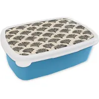 MuchoWow Broodtrommel Blauw - Lunchbox Waaiers - Botanisch - Zwart - Beige - Brooddoos 18x12x6 cm - Brood lunch box - Broodtrommels voor kinderen en volwassenen