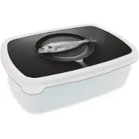 MuchoWow Broodtrommel Wit - Lunchbox Pan - Vis - Zwart - Wit - Brooddoos 18x12x6 cm - Brood lunch box - Broodtrommels voor kinderen en volwassenen